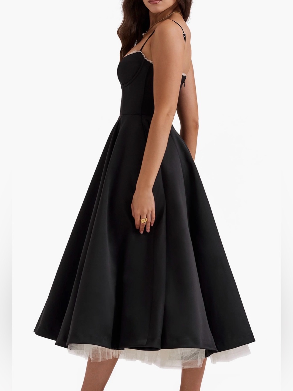 House of CB  “Mademoiselle” Black Corset Spaghetti Strap A-line Midi Dress - Picture 2 of 8